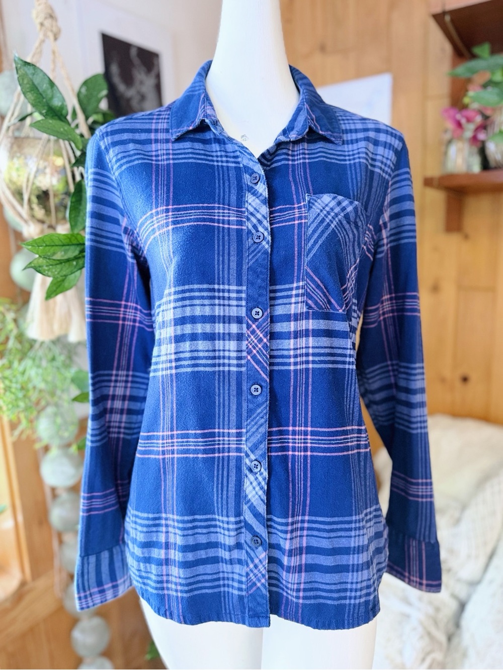 Orvis Classic Collection Blue Plaid Flannel Button Front Shirt Size Small